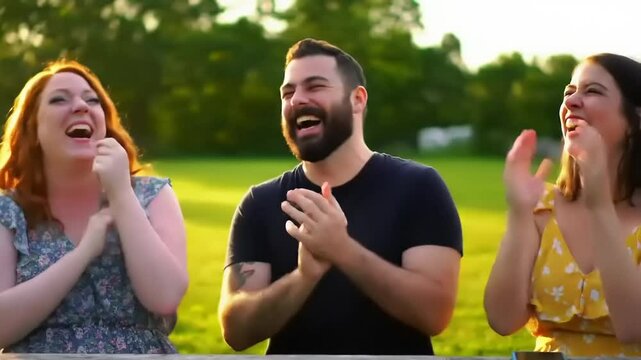 Group of friends laughing joyfully outdoors in a sunny park, enjoying a moment of happiness together