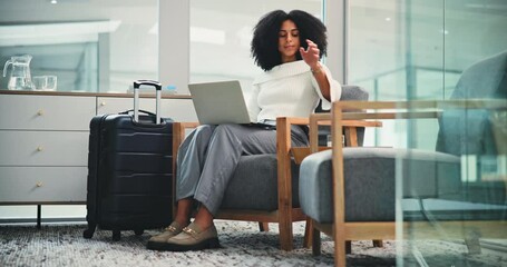 Laptop, travel and business woman in airport lounge for typing email, booking info or drink water. Computer, luggage and person in waiting for flight, immigration or check departure schedule for trip