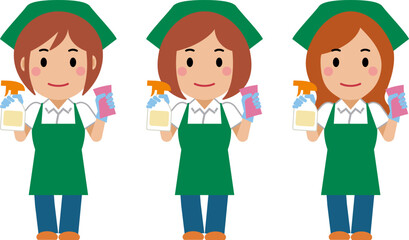 洗剤とスポンジを持つ緑エプロンの女性清掃員