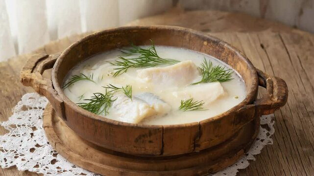 Yushka soup, steaming hot fish soup with dill and sour cream, served in a wooden bowl
