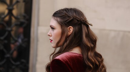 Obraz premium A woman with long brown hair wearing a red velvet dress