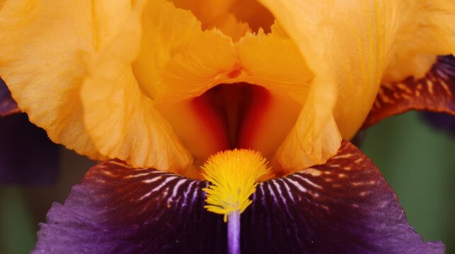 A close up of a yellow and purple flower