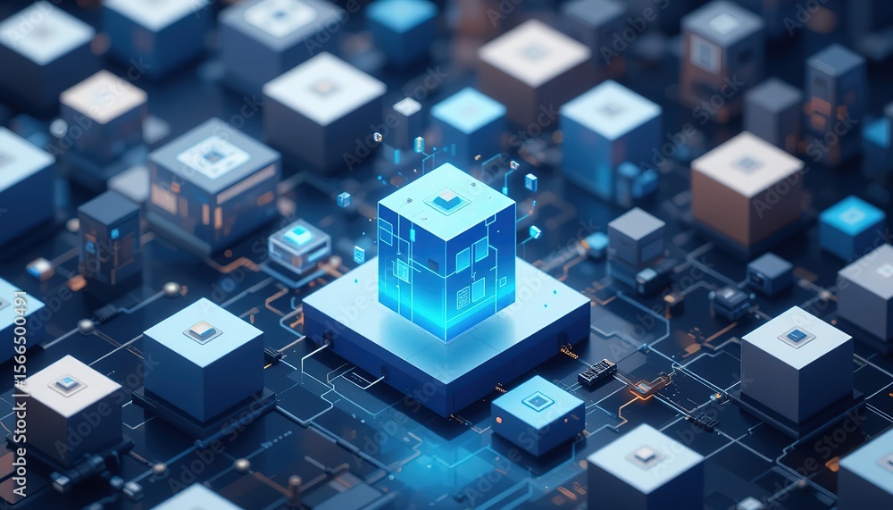 Fototapete the graphic design element and abstract geometric background with isometric digital blocks. blockcha