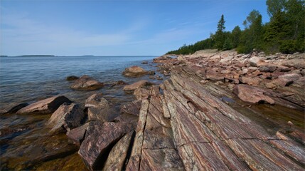 A rocky shoreline with trees and water in the background