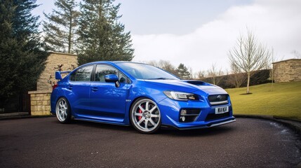 A blue car parked in front of a stone building