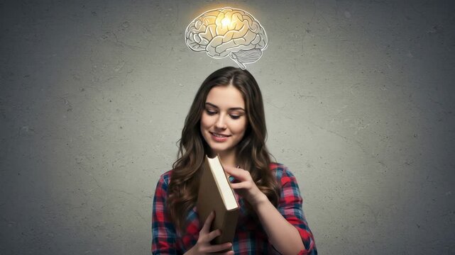 Reading Enhances Brain Power: Caucasian woman in her 20s immersed in a book with a glowing brain concept, capturing the joy and knowledge found in education.