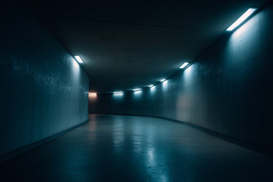 Non-place. Curved Subway Tunnel With Cold Fluorescent Lighting