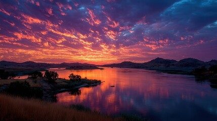 A colorful sunset over a body of water with mountains in the background