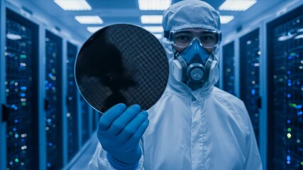 Semiconductor wafer inspection: Scientist in cleanroom suite examines silicon chip in server room environment. - Powered by Adobe