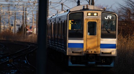 A train traveling down train tracks next to tall grass