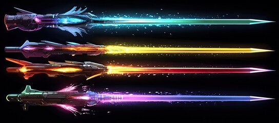 Colorful, futuristic energy weapons with trails of light, long and thin blades on a black background,