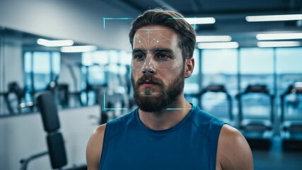 Facial Recognition scans a focused man in his 30s at the gym, enhanced by advanced face tracking technology.