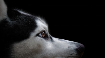  A close up of a husky dog's face with a black background