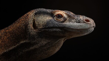 A close up of a monitor lizard on a black background