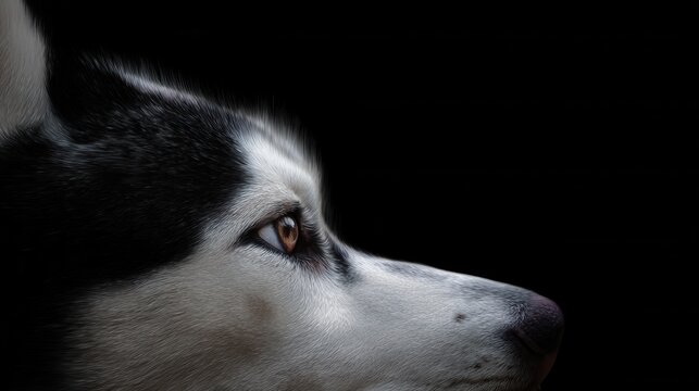 A close up of a husky dog's face with a black background - Powered by Adobe