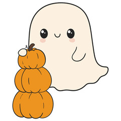 halloween cute ghost with a stack of pumpkins in flat color cartoon style