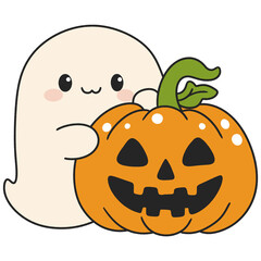 halloween cute ghost hiding behind a pumpkin in flat color cartoon style