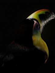 Fototapeta premium A close up of a toucan's head against a black background