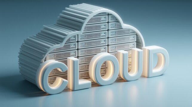 Server racks inside a cloud shape representing cloud computing concept - Powered by Adobe