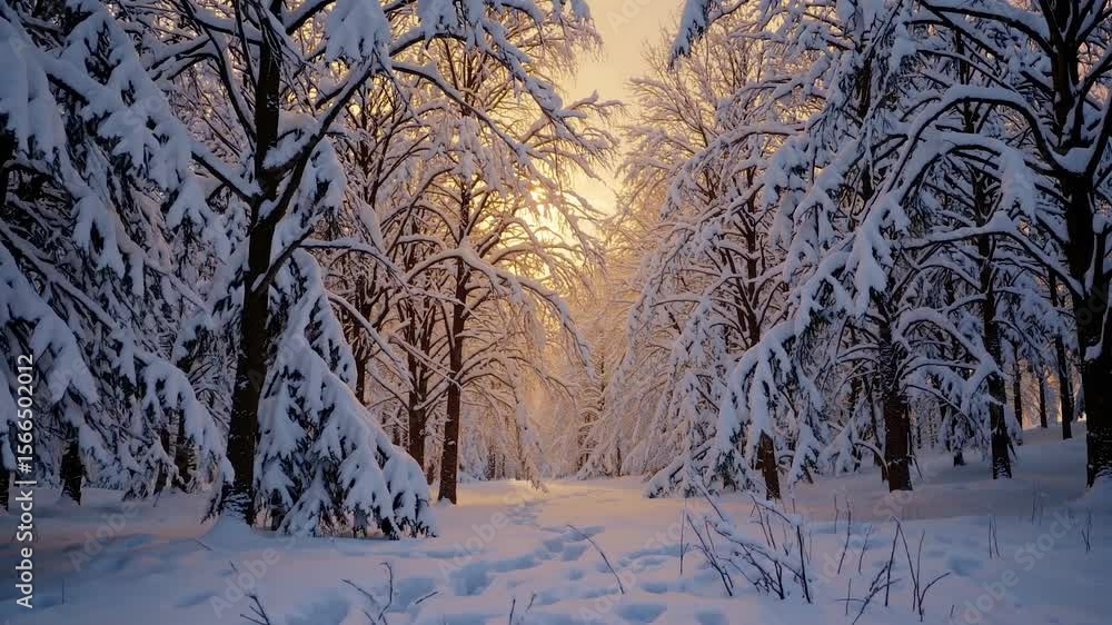 Poster golden sunset bathing snow-covered trees along forest path, creating mesmerizing winter landscape wi