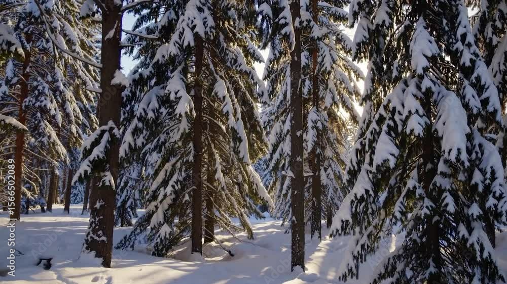 Poster soft sunlight filtering through snow-covered pine trees, casting ethereal rays across pristine winte