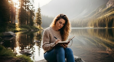 Serene Lakeside Journaling Woman Writing in Natures Embrace at Sunrise.