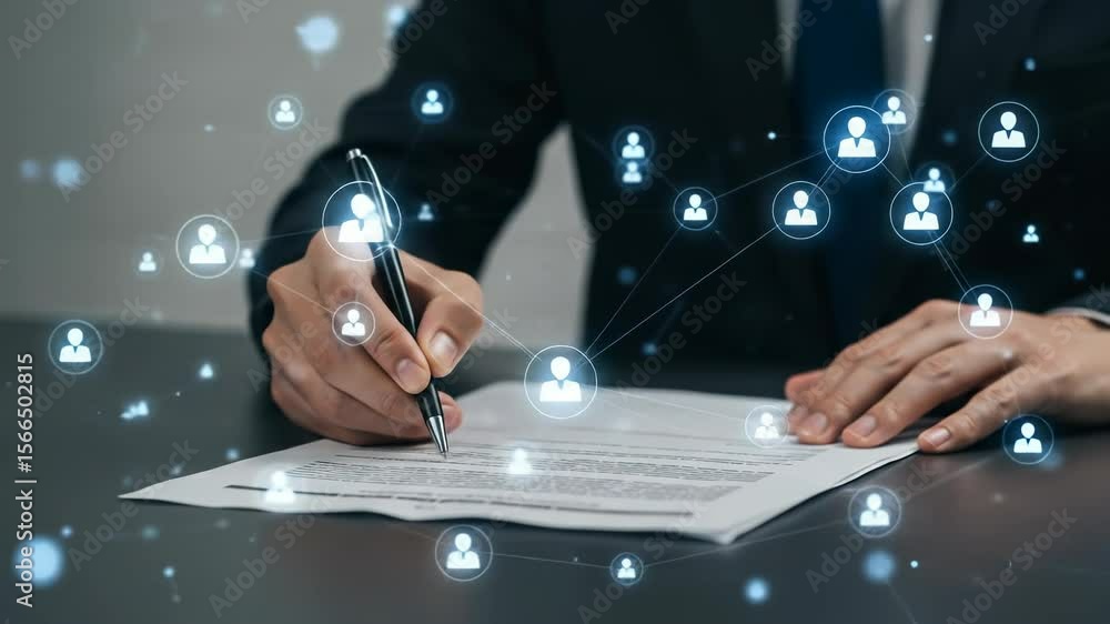 Poster connection agreement: businessman signing a digital contract linked by a network of human resources 