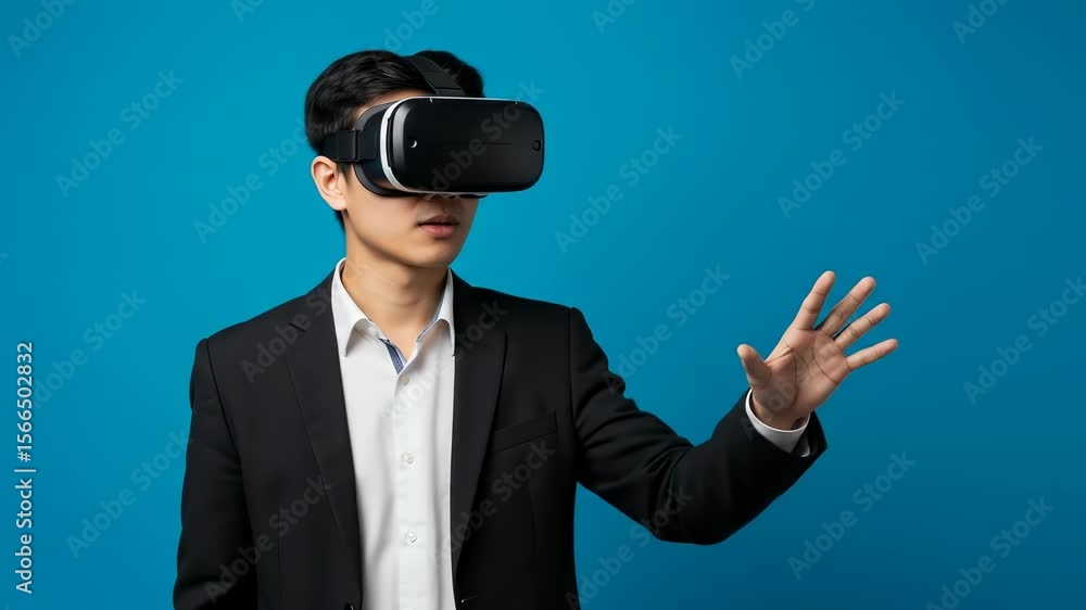 Poster man in vr headset touching virtual interface: a business professional exploring immersive technology
