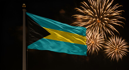 The Bahamas flag waving against a dark sky with fireworks exploding in the background.