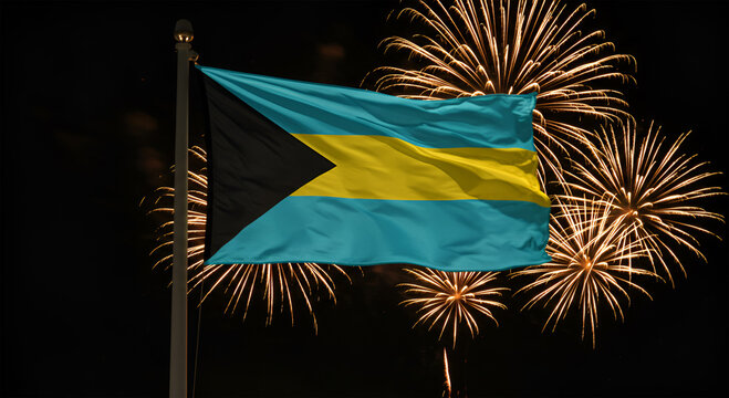 The Bahamian flag waving proudly against a backdrop of celebratory fireworks.