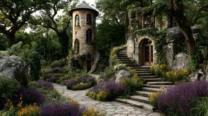 Fototapeta premium High quality spiral stone tower entwined with flowers in a whimsical garden.