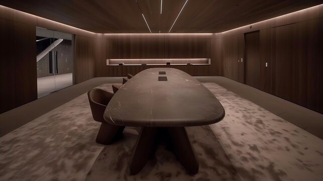 Sophisticated minimalist conference room interior featuring a central elongated table and sleek