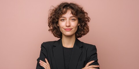 Confident Young Woman with Curly Hair Posing Against a Soft Pink Background