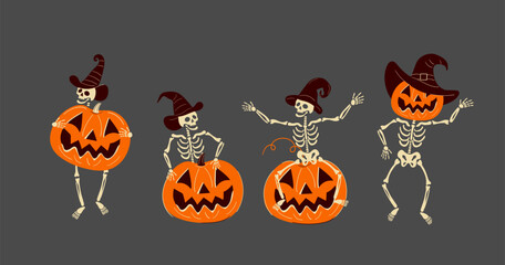Halloween Skeletons with Pumpkins Set
