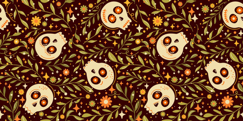 Floral Sugar Skulls Seamless Pattern