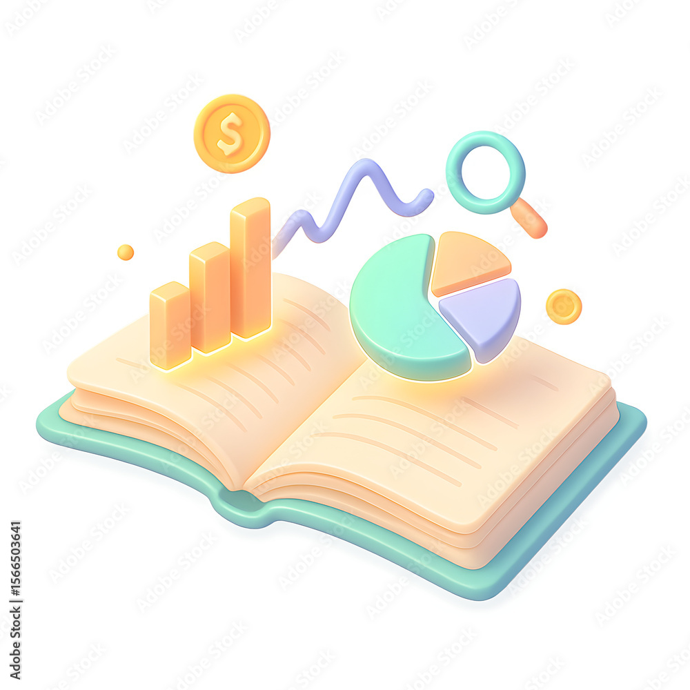 Poster unlocking financial insights a 3d isometric u-shaped visualization of data analysis in an open book