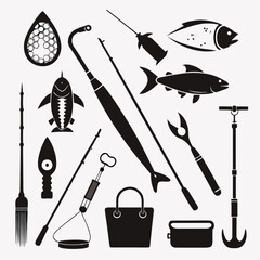 Perfect Vector Collection Of Fishing Tools Silhouettes For Use Graphics Websites And Apps Designs On White Background