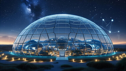 Obraz premium A futuristic glass dome city glowing at night under a starry sky, surrounded by digital energy fields