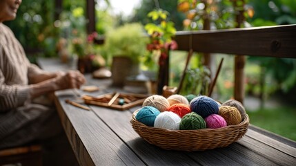 Elderly person sitting on a porch with a basket full of colorful yarn and sewing tools