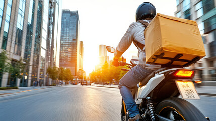 Delivery rider zipping through urban street at sunset, showcasing speed and efficiency