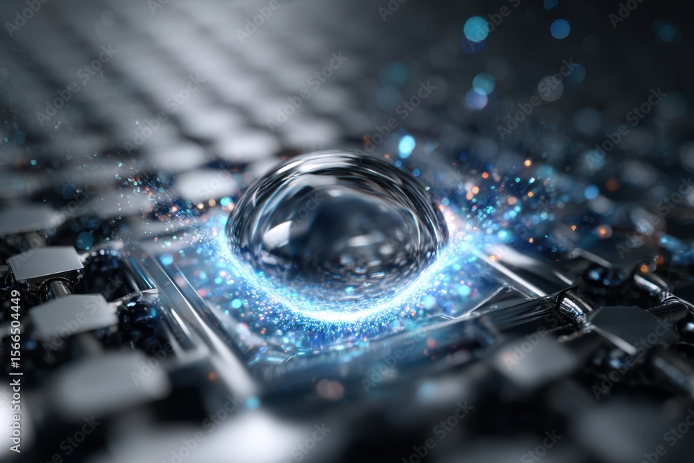 Poster droplet creating sparks on a textured surface with glowing particles in a dark setting