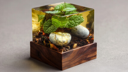 Wooden Cube Display with Tea Leaves Mint and Stones 