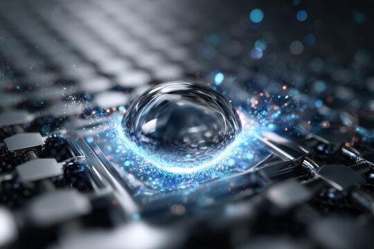 Droplet creating sparks on a textured surface with glowing particles in a dark setting