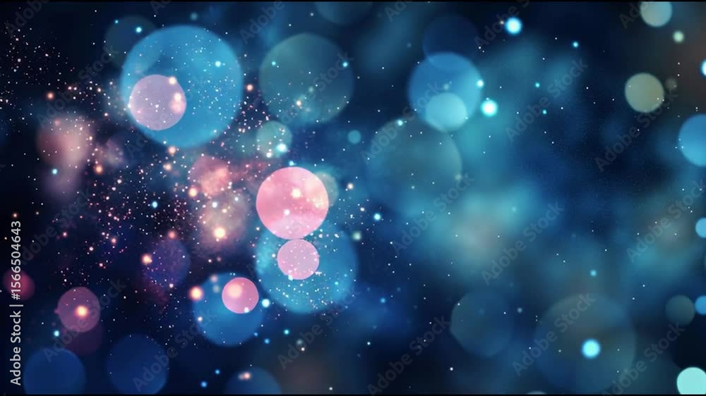 Poster colorful circles are floating and sparkling on a dark blue background, creating a magical and dreamy