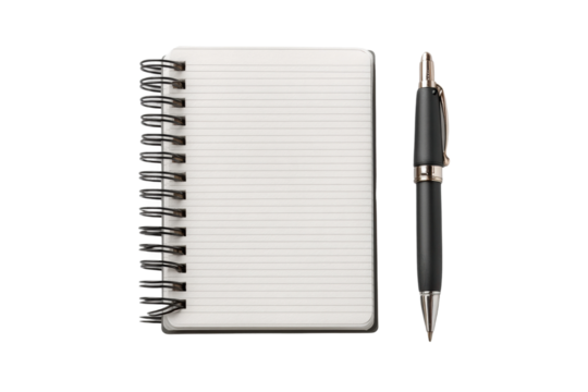 PNG Top view of a lined spiral notebook and pen on white background