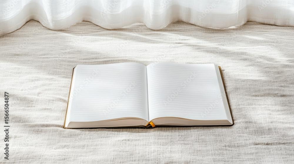 Poster open notebook rests on soft surface, illuminated by gentle light, inviting creativity
