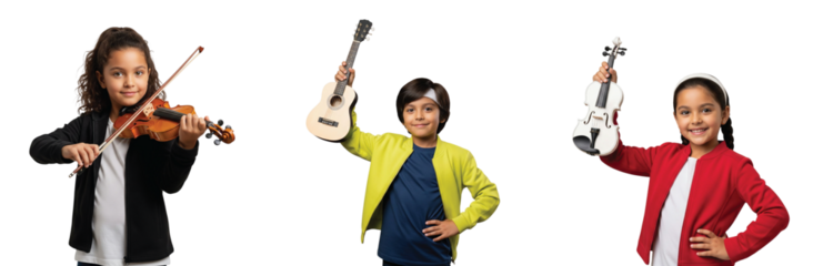 Talented young musicians, both boys and girls, holding violins and ukuleles, showcasing their early passion for music and artistic expression, inspiring creativity and harmony.