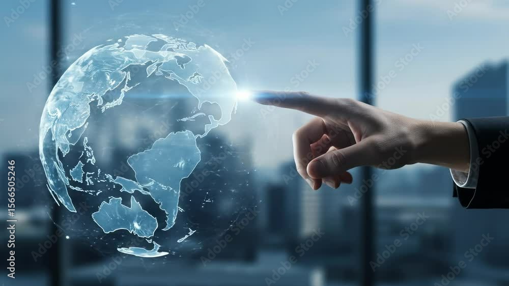 Poster global business innovation: man points at digital earth displaying worldwide connections and network