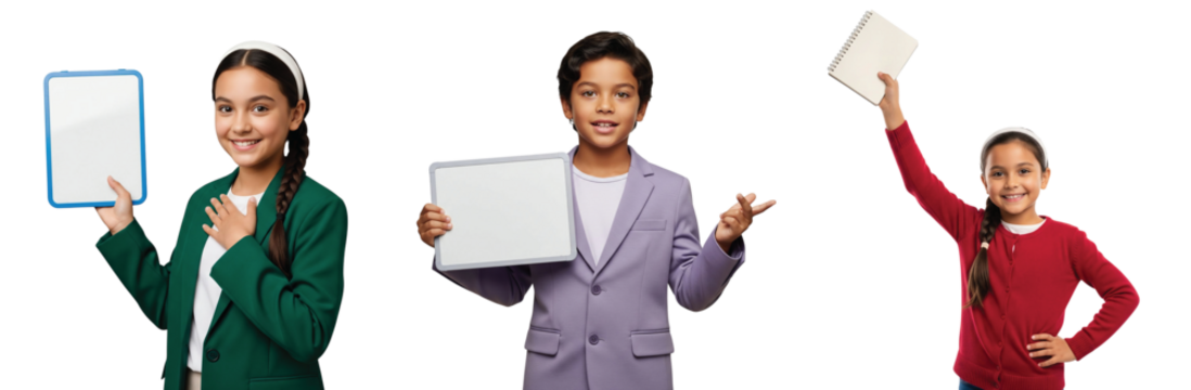 Confident young boys and girls dressed in blazers, holding blank whiteboards and notebooks, ready for presentations or ideas, representing education, leadership, and entrepreneurial spirit. - Powered by Adobe