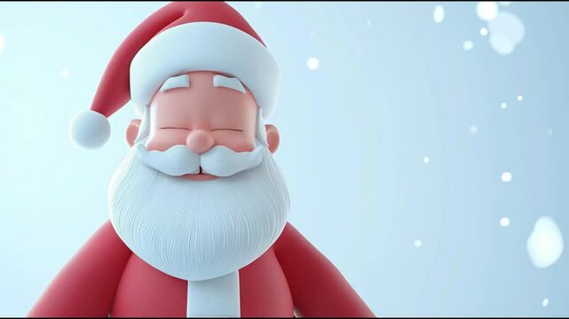 Jolly santa claus waving and smiling under gentle snowfall, creating magical winter holiday animation with cheerful festive spirit